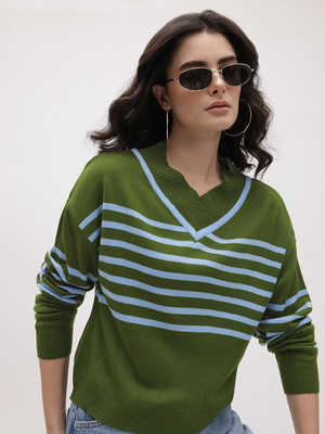 Roadster Striped V Neck Casual Women Green Sweater