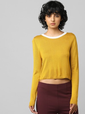 ONLY Solid Round Neck Casual Women Yellow Sweater