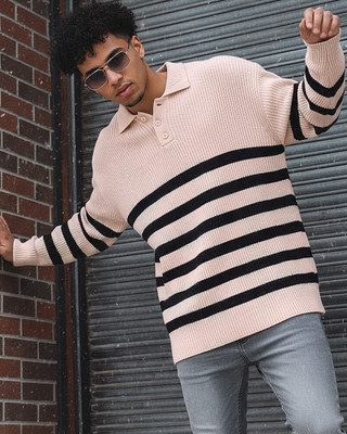 BEWAKOOF Striped Collared Neck Casual Men Beige Sweater