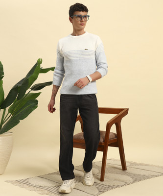 CANBLAR Striped Round Neck Casual Men Blue Sweater