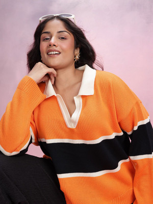 DressBerry Curve Colorblock Collared Neck Casual Women Orange Sweater