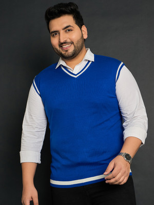 bigbanana Solid V Neck Casual Men Blue, White Sweater