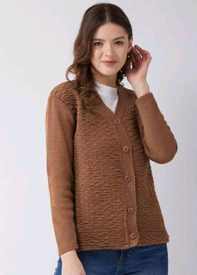 Shunit creation Self Design V Neck Lounge Wear Women Brown Sweater