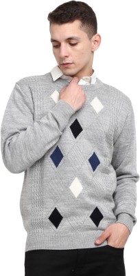 V-MART Checkered Round Neck Casual Men Grey Sweater