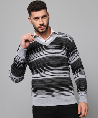 DRESSBASE Striped V Neck Casual Men Grey Sweater