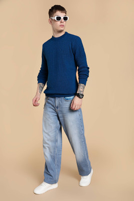 FREAKS Self Design Round Neck Casual Men Blue Sweater