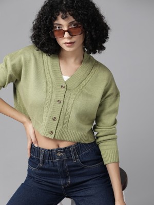 Roadster Solid V Neck Casual Women Green Sweater