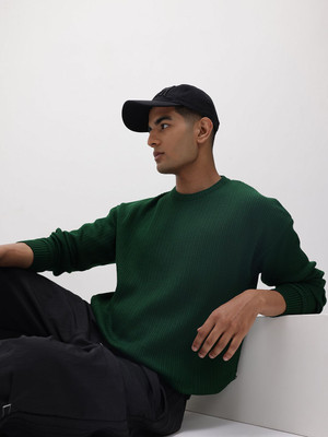 Roadster Solid Round Neck Casual Men Green Sweater