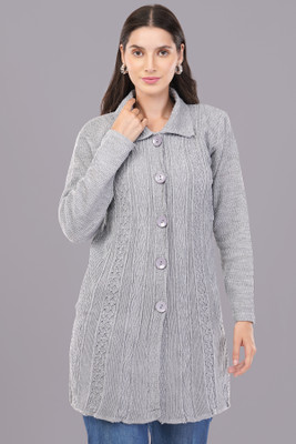 CURIOUS FASHION Self Design Collared Neck Casual Women Grey Sweater