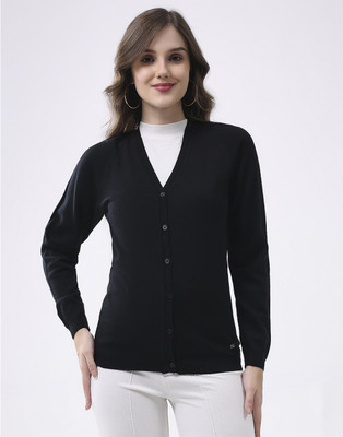 MONTE CARLO Solid V Neck Casual Women Black Sweater
