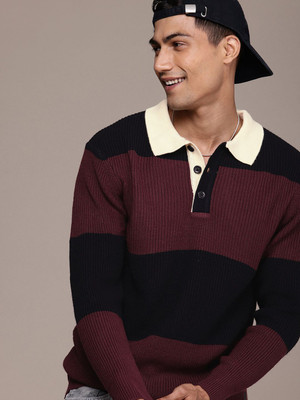 WROGN Colorblock Collared Neck Casual Men Black Sweater