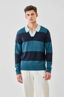 Snitch Striped Collared Neck Casual Men Blue Sweater