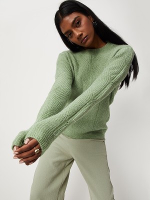 MAX Self Design Round Neck Casual Women Light Green Sweater