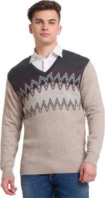 COLORPLUS Self Design V Neck Casual Men Beige Sweater