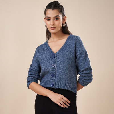 Akkriti by Pantaloons Solid Round Neck Casual Women Dark Blue Sweater