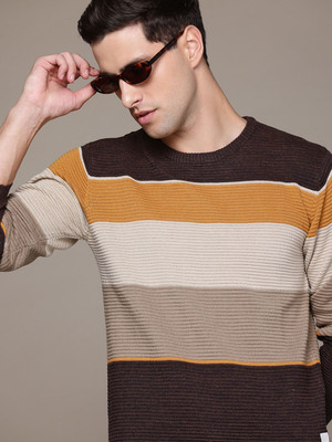 Roadster Striped Round Neck Casual Men Brown Sweater