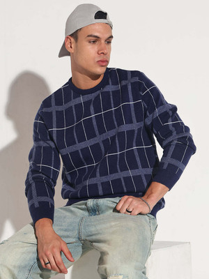 SHOWOFFFF Checkered Round Neck Casual Men Dark Blue Sweater