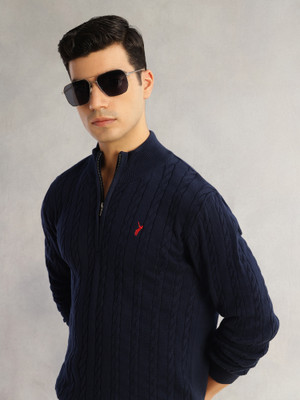 Thomas Scott Self Design High Neck Casual Men Dark Blue Sweater
