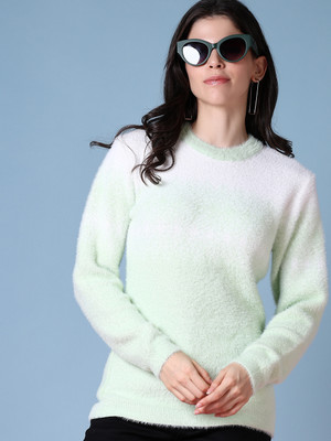 V-MART Solid Round Neck Casual Women Green Sweater