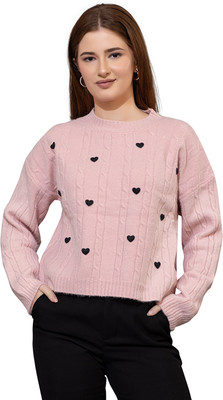 GFO Printed Round Neck Casual Women Pink Sweater