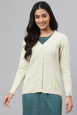 Aurelia Solid V Neck Casual Women White Sweater