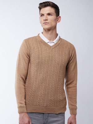 Pivl Self Design V Neck Casual Men Beige Sweater