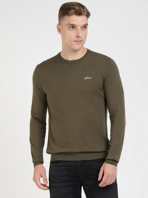 GUESS Solid Round Neck Casual Men Green Sweater