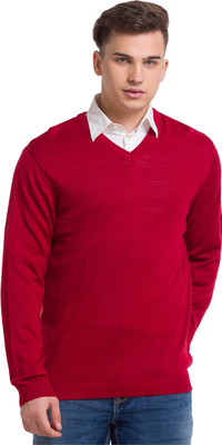 COLORPLUS Solid V Neck Casual Men Red Sweater