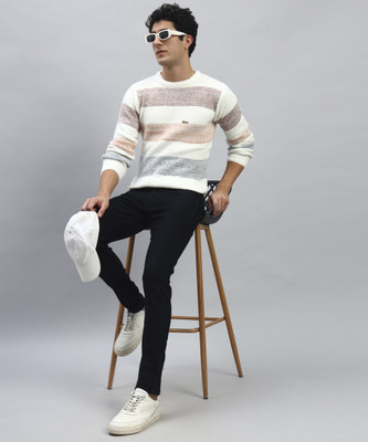 SILVANUS Striped Round Neck Casual Men Orange Sweater