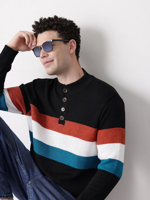 Mast & Harbour Striped Collared Neck Casual Men Black Sweater