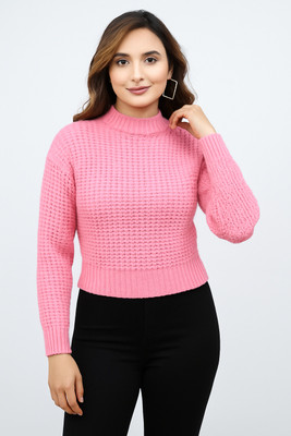FEVERFEW Self Design Round Neck Casual Women Pink Sweater