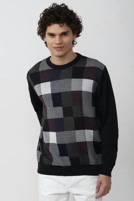 FOREVER 21 Checkered Round Neck Casual Men Black Sweater