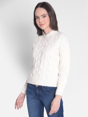 CRIMSOUNE CLUB Self Design Turtle Neck Casual Women White Sweater