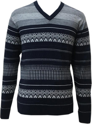 MARRINER Geometric Print V Neck Casual Men Blue Sweater