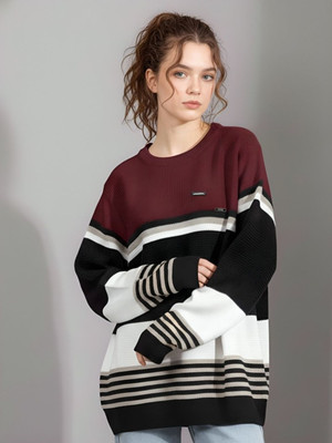 Hey Dude Striped Round Neck Casual Women Maroon Sweater