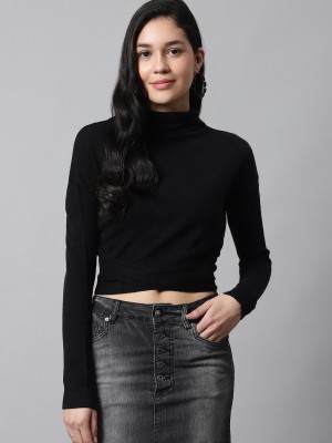 MansiCollections Solid High Neck Casual Women Black Sweater