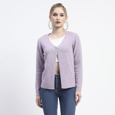 MADAME Self Design V Neck Casual Women Purple Sweater