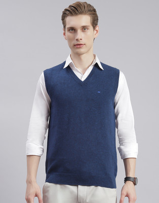 MONTE CARLO Solid V Neck Casual Men Blue Sweater