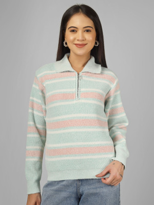 HouseOfCommon Self Design Collared Neck Lounge Wear Women Green Sweater