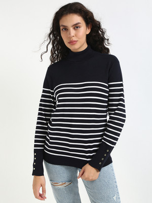 TOMMY HILFIGER Striped High Neck Casual Women Blue Sweater