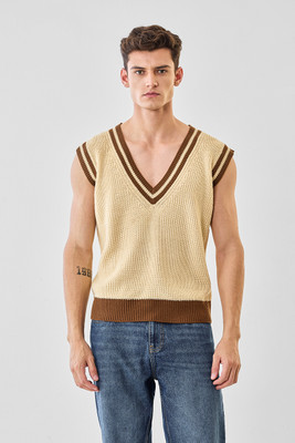 Snitch Striped, Self Design V Neck Casual Men Beige Sweater