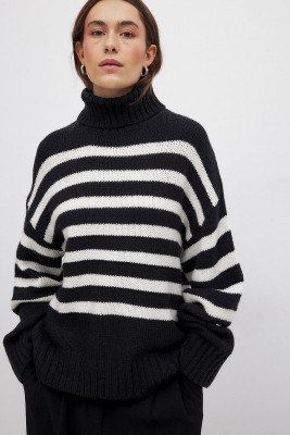 Malachi Striped High Neck Casual Women Black Sweater