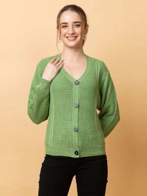 CLAPTON Self Design V Neck Casual Women Green Sweater