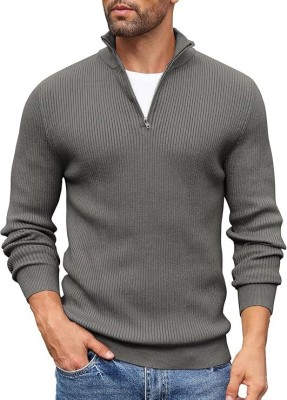 Denimholic Solid High Neck Casual Men Grey Sweater