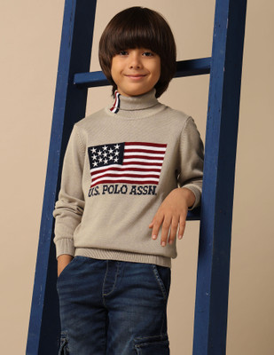 U.S. POLO ASSN. Graphic Print Turtle Neck Casual Boys Beige Sweater