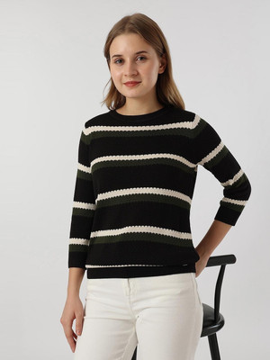 Pepe Jeans Striped Round Neck Casual Women Black Sweater