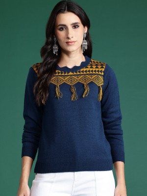 Sangria Self Design Round Neck Casual Women Blue Sweater