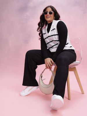 DressBerry Curve Striped Square Neck Casual Women White, Black Sweater