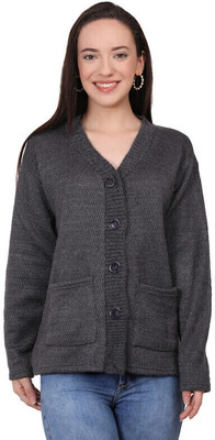 manra Solid V Neck Casual Women Grey Sweater