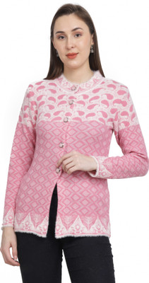 HITTIKA Self Design, Woven Round Neck Casual Women Pink Sweater